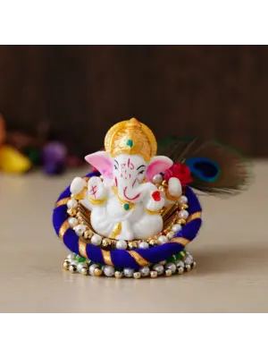 Polyresin Lord Ganesha Idol on Decorative Handcrafted Floral Plate for Home, Office and Car Dashboard
