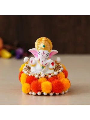Polyresin Lord Ganesha Idol on Decorative Handcrafted Floral Plate for Home and Car Dashboard