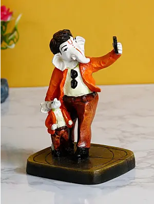 Orange and Brown Handcrafted Polyresin Lord Ganesha Idol Taking Selfie with Mushak