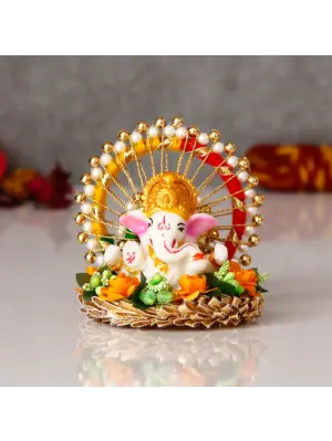 Lord Ganesha Idol On Floral Handicrafted Plate For Home/Temple/Office/Car Dashboard