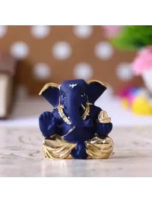 Gold Plated Blue Polyresin Appu Ganesha Idol for Home, Temple, Office and Car Dashboard