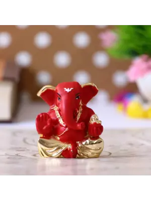 Gold Plated Red Polyresin Appu Ganesha Idol for Home, Temple, Office and Car Dashboard