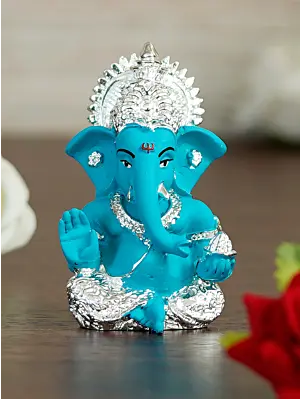 Silver Plated Blue Polyresin Ganesha Idol for Home, Temple, Office and Car Dashboard