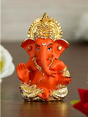 Gold Plated Orange Polyresin Ganesha Idol for Home, Temple, Office and Car Dashboard