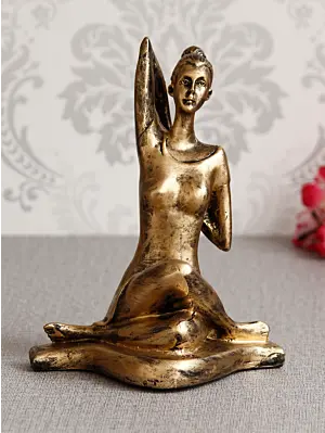Golden Polyresin Lady in Gomukhasana or Cow Face Yoga Position Antique Look Handcrafted Decorative Showpiece