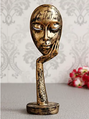 Golden Polyresin Handcrafted Antique Look Thinking Lady Face Showpiece, Human Figurine
