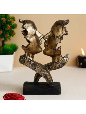 Golden Polyresin Antique Finish Half Face Woman and Man Kissing Each Other Handcrafted Decorative Couple Showpiece