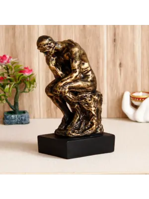 Golden Polyresin Antique Finish Thinking Man Figurine Sitting on Rock Handcrafted Decorative Showpiece