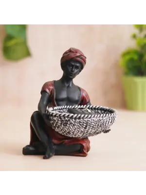 Red Black Polyresin Sitting Man Statue Carrying Basket in Hands Human Figurine Decorative Showpiece