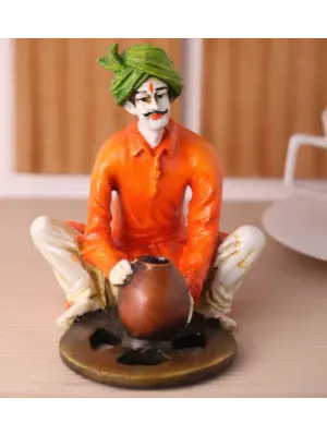 Polyresin Rajasthani Craftsman Statue Making Pot Handcrafted Decorative Showpiece(Orange and Green)