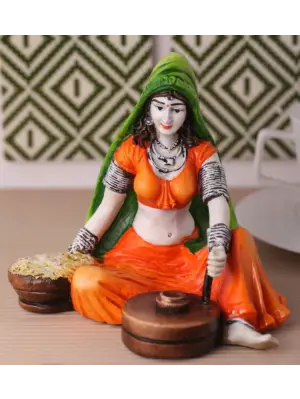Polyresin Rajasthani Lady using Flour Machine Handcrafted Decorative Showpiece ( Orange, Green and Brown )