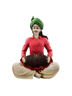 Polyresin Rajasthani Men Playing Dholak Handcrafted Decorative Showpiece (Pink and Green)