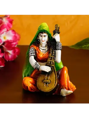Polyresin Rajasthani Women Statue Playing Sitar Human Figurine Decorative Showpiece