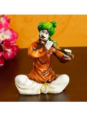 Polyresin Rajasthani Musician Men Statue Playing Flute Human Figurines Home Decor Showpiece