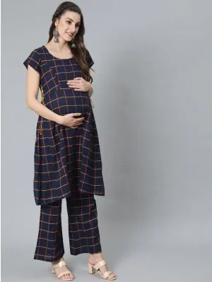Blue Checks Printed A-Line Maternity Kurta With Palazzo Set
