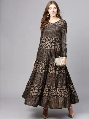 Black Gold Printed Tiered Anarkali