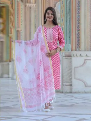 Katha Work Straight Cotton Kurta Set