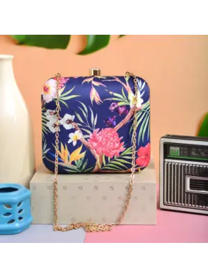 Women Dark Blue Floral Printed Clutch