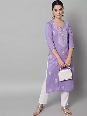 Women Chikan Embroidery Cotton Rayon A-line Kurta  (Purple, White)