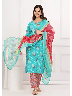 Women's Plus Size Cotton Bandhini Printed  Kurta and Pant with Dupatta Set