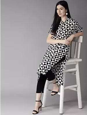 Women Printed Viscose Rayon Straight Kurta  (White, Black)