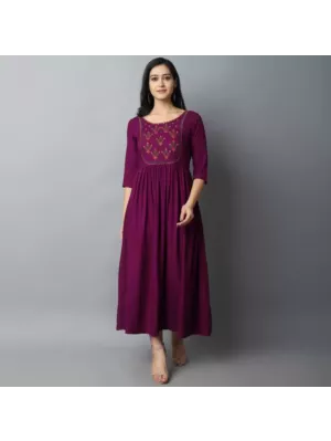 Women Embroidered Viscose Rayon A-line Kurta  (Maroon)