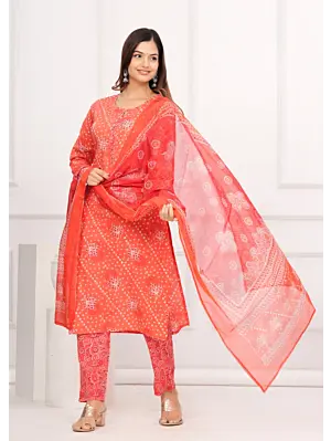 Women's Plus Size Cotton Bandhini  Printed Kurta and Pant with Dupatta Set, Indian Ethnic Fashion