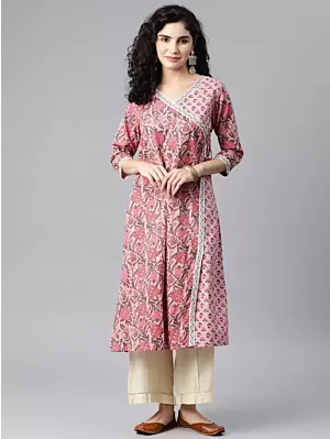 Women Floral Print Pure Cotton A-line Kurta  (Pink)