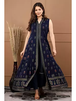 Women Floral Print Viscose Rayon Frontslit Kurta  (Dark Blue, Green)