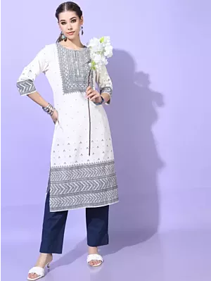 Women Printed Cotton Blend Straight Kurta  (Beige)