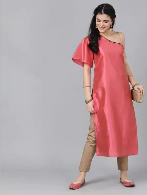 Pink Zari Boota One Shoulder Kurta With Lining
