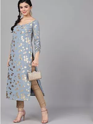 Grey Foil Printed Straight Kurta