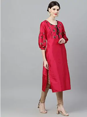 Magenta & Black Flock Design Straight Kurta