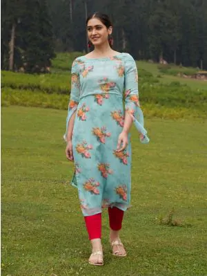 Pastel Green & Red Floral Print With Sequence Work Kurta
