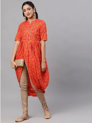 Orange & Gold Bandhani Printed Dhoti Design Kurta