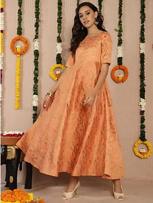 Women Peach Jacquard Flared Maxi Dress