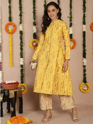 Yellow & Gold Jacquard Zari Work Button Down A-Line Kurta