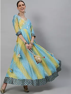 Women Leheriya Blue Embroidered Flared Maxi Dress