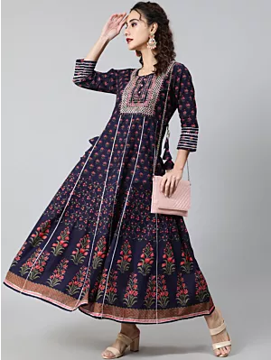 Blue & Peach Floral Print Embroidered Maxi Dress