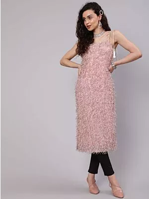 Women Peach Fur Lycra Straight Kurta