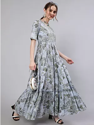 Blue Floral Print Maxi Dress