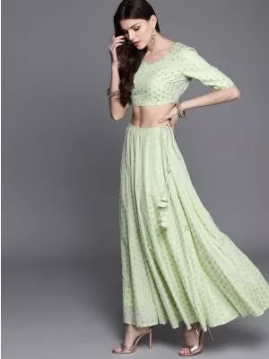 Green & Golden Woven Design Ready To Wear Lehenga & Blouse With Dupatta