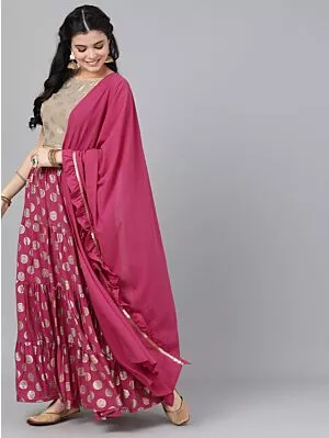 Magenta & Gold Lehanga Choli And Dupatta With Ruffled