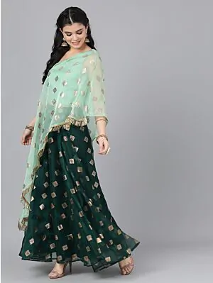Mint And Dark Green Foil Print Organza Lehenga