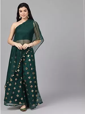 Dark Green Foil Print Lehenga With Blouse