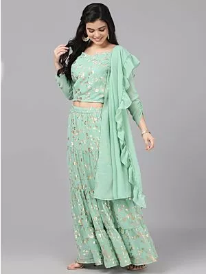 Sea Green Gold Foil Print Lehenga Blouse With Dupatta