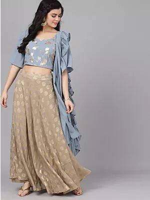 Grey & Gold Foil Print Lehenga Blouse With Dupatta