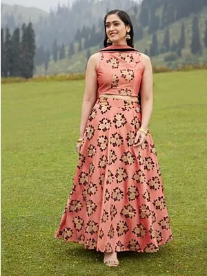 Rose Gold & Black Flock Design Lehenga Choli With Net Dupatta