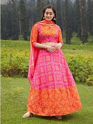 Orange & Pink Bandhani Printed Lehenga Choli & Solid Dupatta