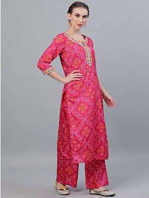 Pink & Orange Bandhani Printed Straight Kurta With Palazzo Set